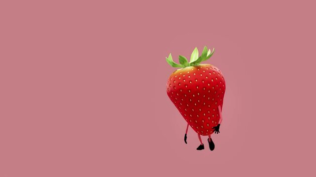 A 3D animated strawberry character walking with a cool, confident stride. The scene highlights playful style and creativity, blending the charm of a colorful fruit with smooth, stylish digital animati