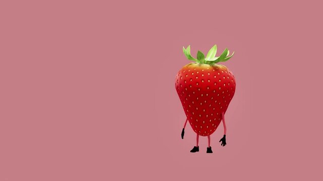 A 3D animated strawberry character looking around curiously. The scene captures playful exploration and curiosity, blending the charm of a colorful fruit with fun, vibrant digital animation.
