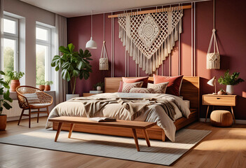 Bedroom interior in boho eco style with decorative elements
