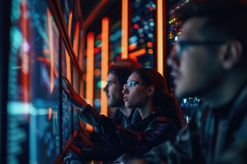 Obraz premium Two people looking closely at an object or situation, possibly with curiosity or interest