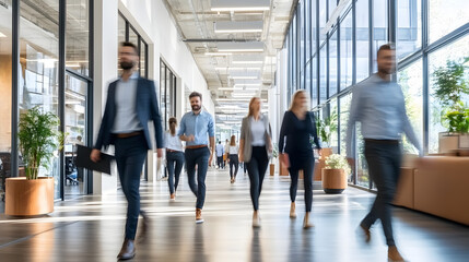 blurred motion of diverse businesspeople walking in modern office building coworking and collaboration concept abstract photo