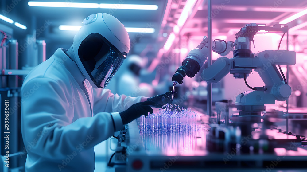 Poster a 3d rendering of a scientist and a robot working together in a cleanroom environment, focusing on t