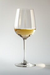 A single serving of white wine sitting on a table ready to be enjoyed