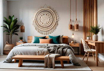 Bedroom interior in boho eco style with decorative elements