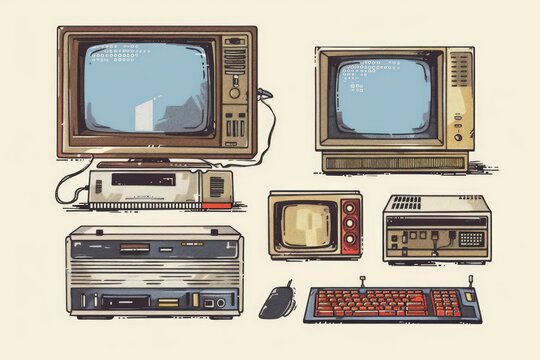 A collection of old computers and a monitor on a shelf or table