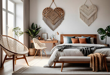 Bedroom interior in boho eco style with decorative elements