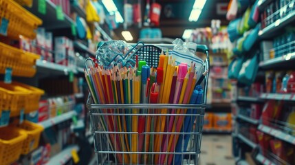 A shopping cart full of colorful pencils