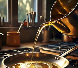 Pouring Oil into Frying Pan in Morning Light