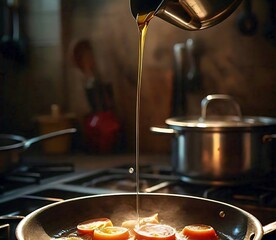 Pouring Oil into Frying Pan in Morning Light