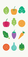 A collection of colorful, flat-style icons depicting various fruits and vegetables, perfect for adding a touch of freshness and vibrancy to your designs. Use these icons for websites, apps.