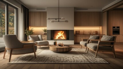 A modern Scandinavian living room with a focal point fireplace