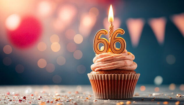Birthday cupcake with burning lit candle with number 66. Number sixty-six for sixty-six years or sixty-sixth anniversary.