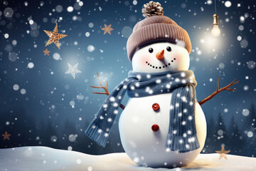 Fototapeta premium Merry christmas and happy new year greeting card with copy-space. Happy snowman standing in christmas landscape. Snow background. Winter fairytale