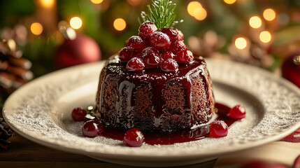 Christmas pudding with cherries and festive decoration for New Year and Christmas celebration - Powered by Adobe