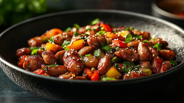 Chicken gizzards stir-fried with vegetables in black bowl for hearty meal