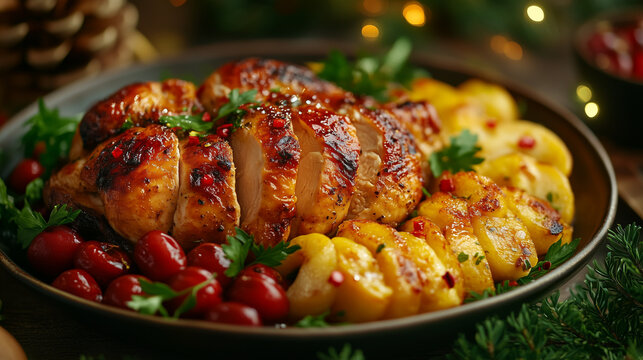 Kuban-style chicken with roasted fruits and herbs on festive plate for New Year and Christmas
