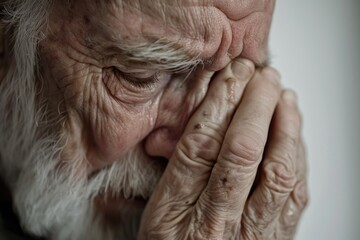 Fototapeta premium A elderly person with long white beard, contemplating or hiding his face