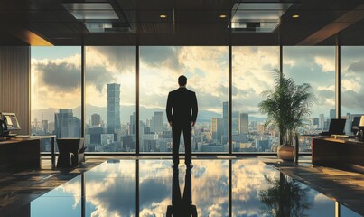 Fototapeta premium Man in suit looking at cityscape from office.