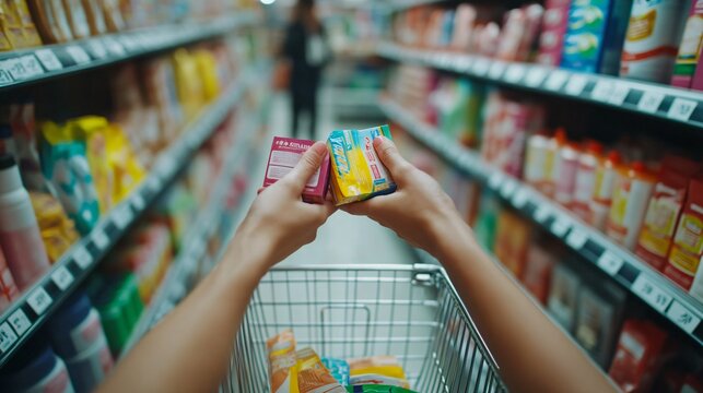 Close-up of a customer's hand choosing a product from a supermarket shelf.