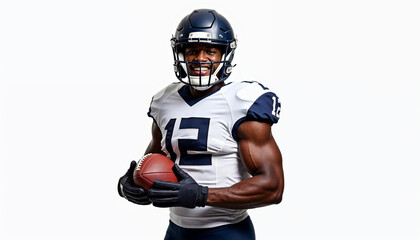 Portrait of a football player in full uniform holding a ball, reflecting confidence and athleticism.