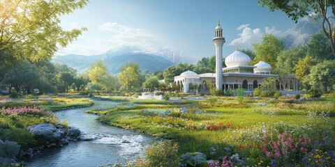 Fototapeta premium A serene landscape featuring a mosque surrounded by lush greenery and colorful flowers.
