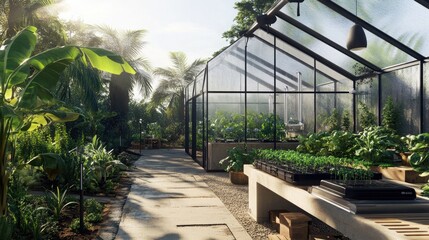 Fototapeta premium A modern Scandinavian-inspired home greenhouse with a minimalist design