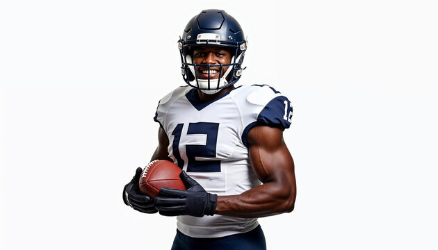 Portrait of a football player in full uniform holding a ball, reflecting confidence and athleticism.
- Powered by Adobe