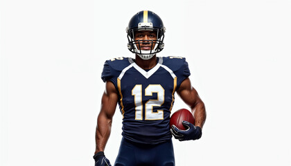 Portrait of a football player in full uniform holding a ball, reflecting confidence and athleticism.