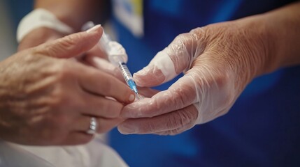 Closeup of a gloved hand holding a syringe, injecting a patient.