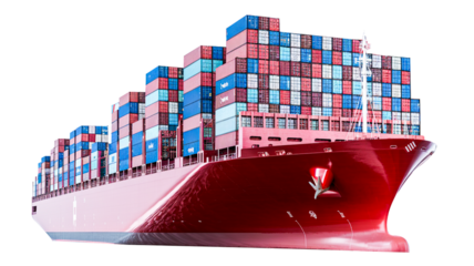 Full Photorealistic side view of a large red container ship against a pure white background.