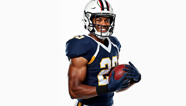 Portrait of a football player in full uniform holding a ball, reflecting confidence and athleticism.






