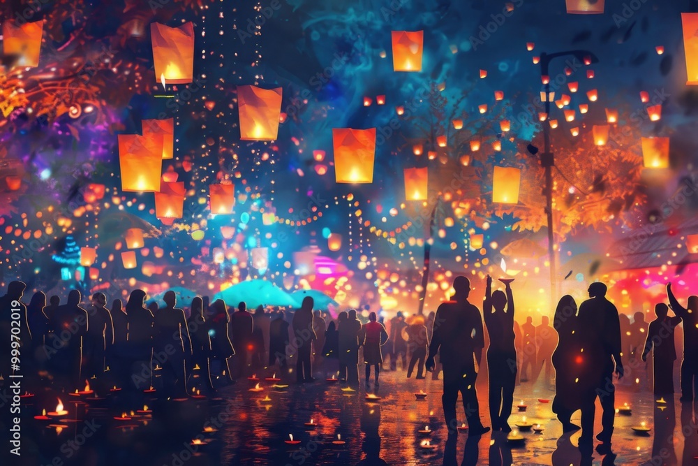 Poster group of individuals surrounded by a crowd of lanterns, suitable for use as a background or atmosphe