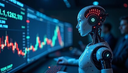  Robotic trader analyzing financial data on a large screen