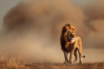 Lion standing tall in the savanna as a dust storm approaches, representing strength in harsh climates