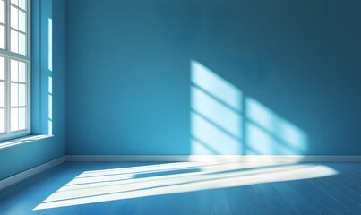 Obraz premium Empty blue room with bright sunlight shining through window onto floor , Generative AI