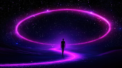 Fototapeta premium Radiant figure walking along a glowing cosmic path, A mystical figure walks through a vibrant, neon landscape, surrounded by stars and a glowing, pink aura of energy and exploration.