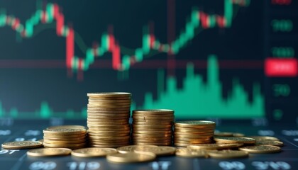 Prosperity in sight  A stack of gold coins against a stock market chart backdrop