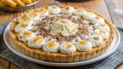 Delicious homemade banoffee pie topped with fresh whipped cream and banana slices on a wooden table