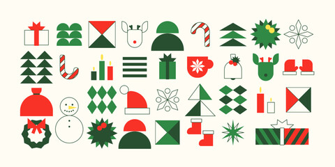 Fototapeta premium Color geometric Christmas New Year pattern background. Winter Holidays shapes. Vector illustration, icons set