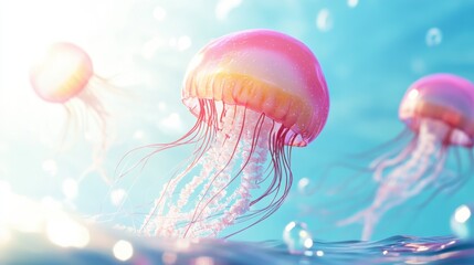 Fototapeta premium Colorful Jellyfish Swimming in Clear Water