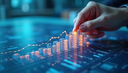  Hand pointing at glowing financial data on a digital display