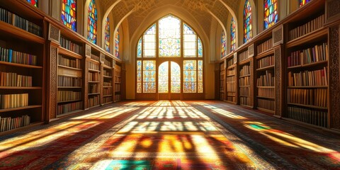 Obraz premium A serene library with stained glass windows, casting colorful shadows on the floor.