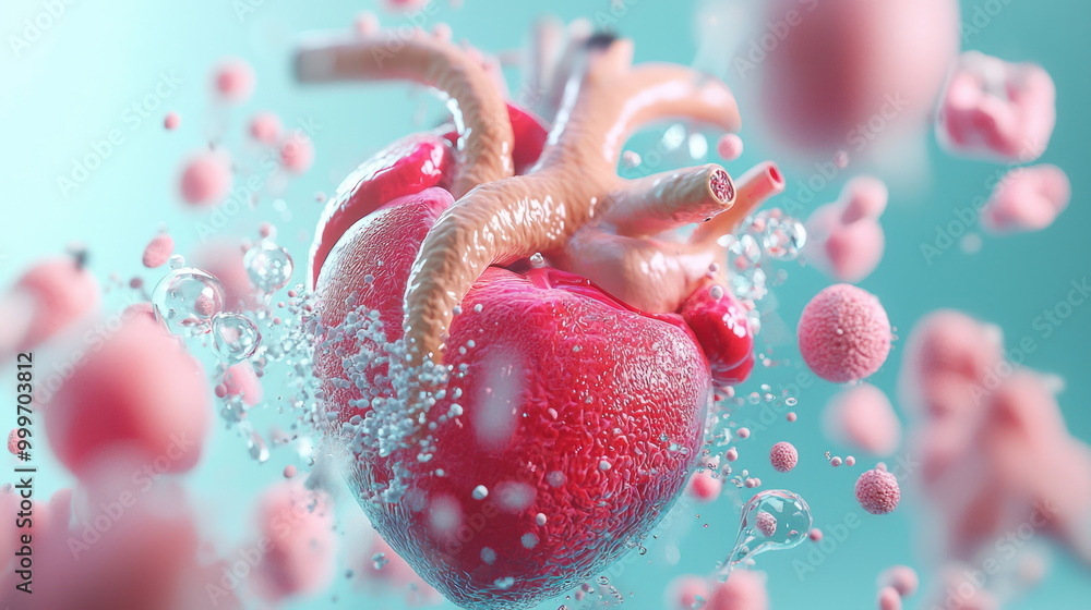 Poster 3d heart with bubbles and particles.