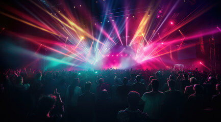 silhouettes of concert crowd in front of bright stage lights