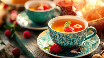 Cup of Tea with Raspberries and Mint.