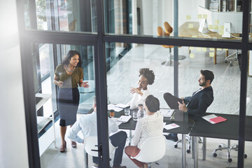 Fototapeta premium Office, business people and screen for presentation with answer, opinion and curiosity in workshop. Glass boardroom, teamwork and speaker with question for corporate updates, review and training info