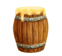 Wooden barrel with honey dripping over the edge. Watercolor drawing.