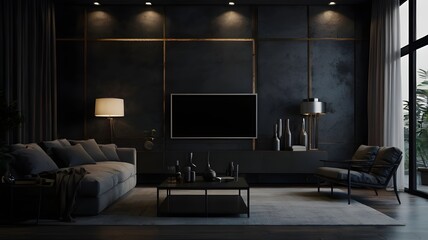 Modern dark home interior background, wall mock up, 3d render