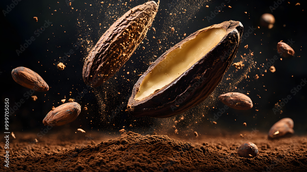 Poster close-up of split cocoa pod with cocoa nibs and powder bursting in midair, showcasing the raw textur