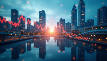 Obraz premium Cityscape at sunset with digital heartbeat line